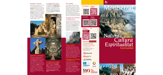 Folleto turístico de Montserrat ‘Naturaleza, Cultura y Espiritualidad’, con información sobre la basílica, la Virgen, la Escolanía, el Museo, el espacio audiovisual, el Parque Natural, los servicios de alojamiento y restauración y los funiculares.