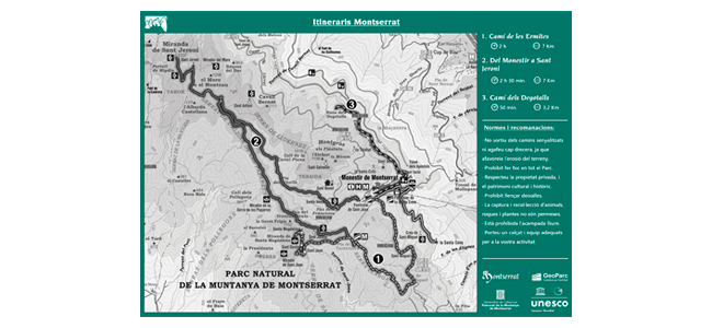 Mapa con tres itinerarios a pie desde el Monasterio de Montserrat, de diferente duración y dificultad, dentro del Parque Natural de la Montaña de Montserrat.