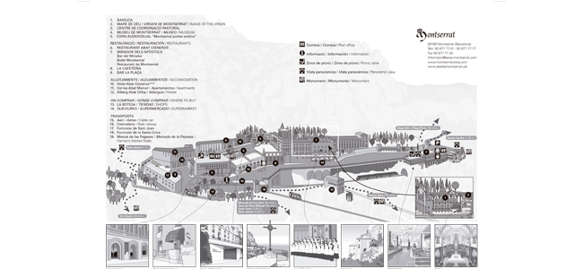 Plano del Santuario de Montserrat con los principales espacios de interés, alojamientos, restaurantes, transportes y servicios.